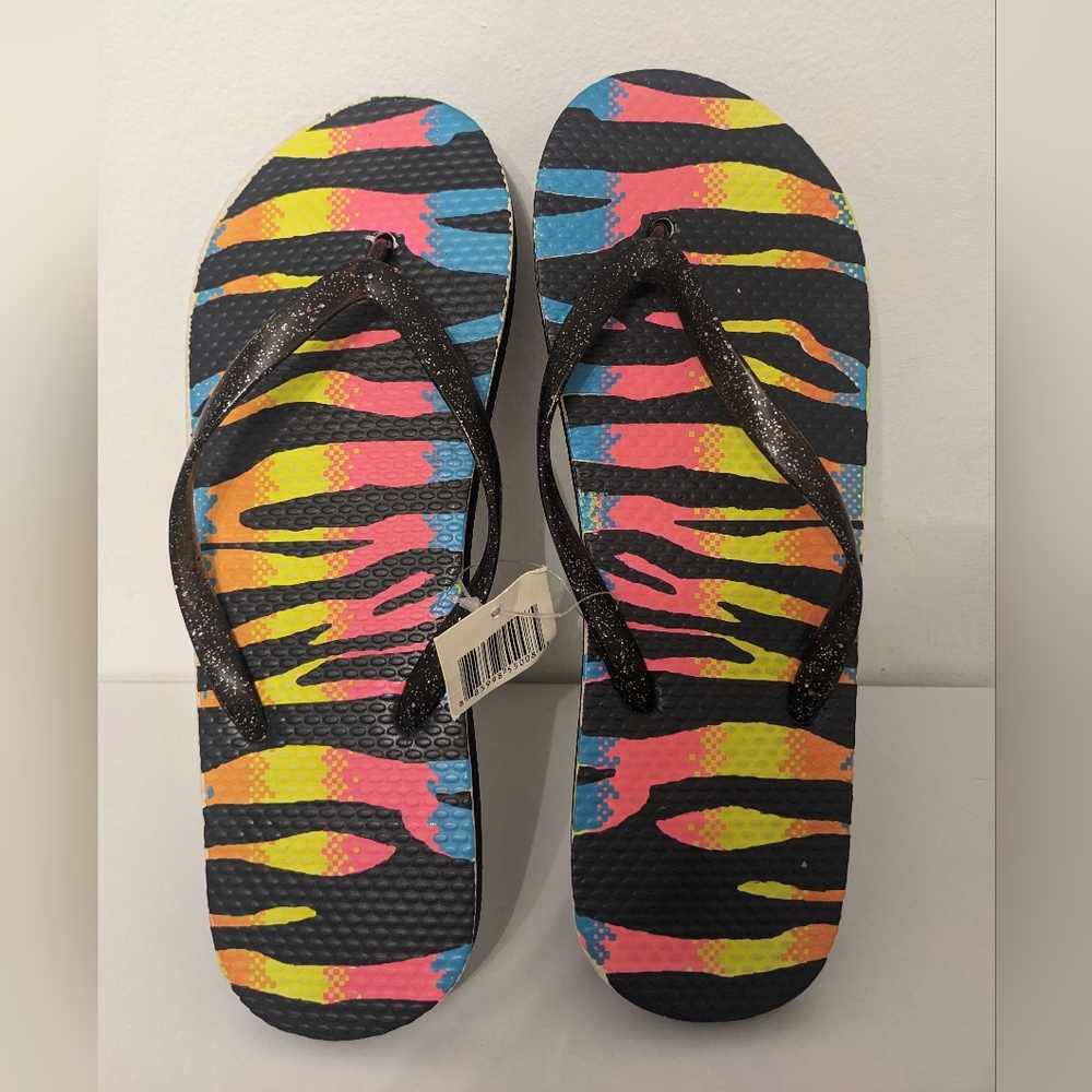 Nostalgic Rainbow Zebra Flip Flops with Glitter Straps - NWT
